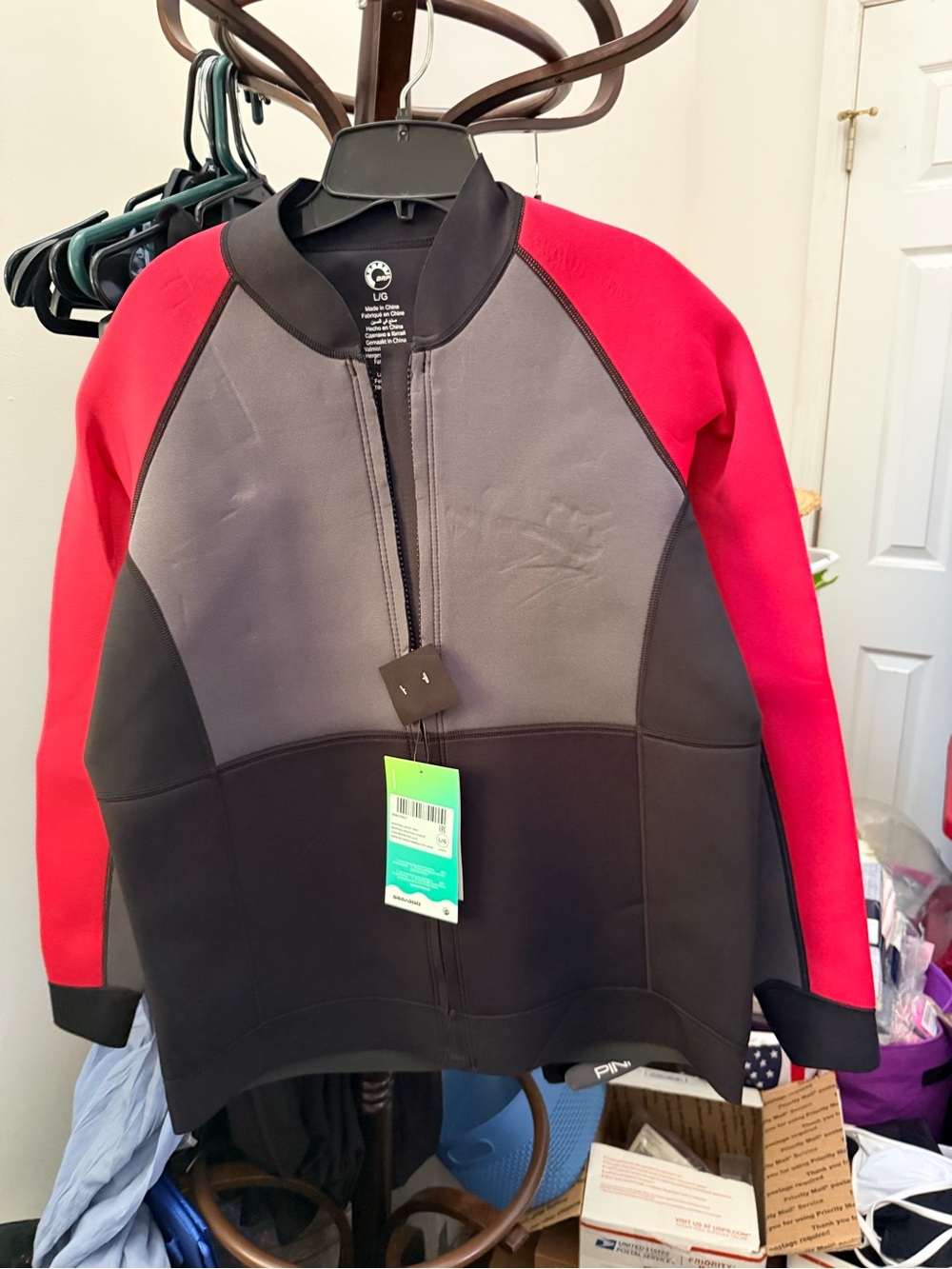 Colorblock Neoprene-Style Jacket - Red, Gray & Black